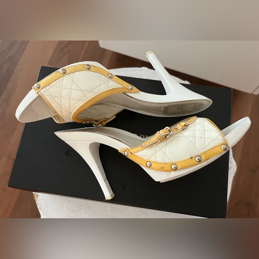 Dior White and Yellow Quilted Mules